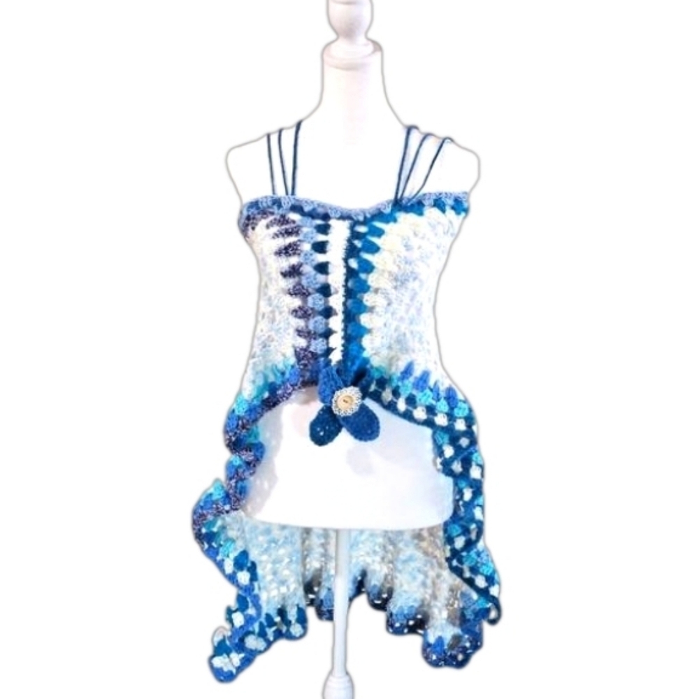 Hand Crafted crochet handmade top eclectic textile wearable art blue upcycled
